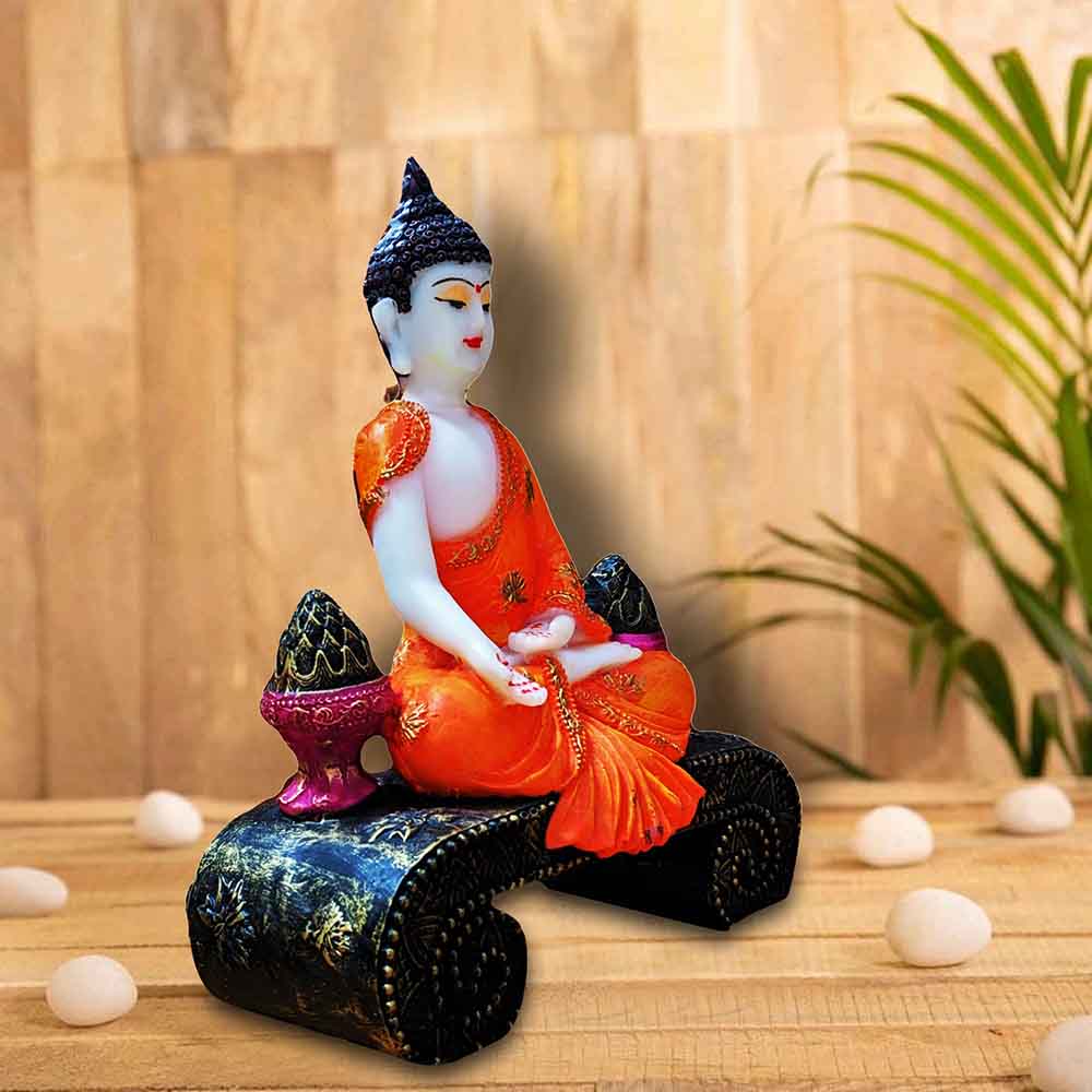 Orange Resin Meditating Buddha Figurine